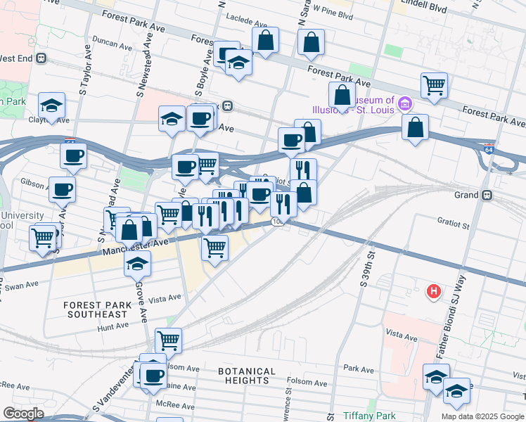 map of restaurants, bars, coffee shops, grocery stores, and more near 4030 Chouteau Avenue in St. Louis