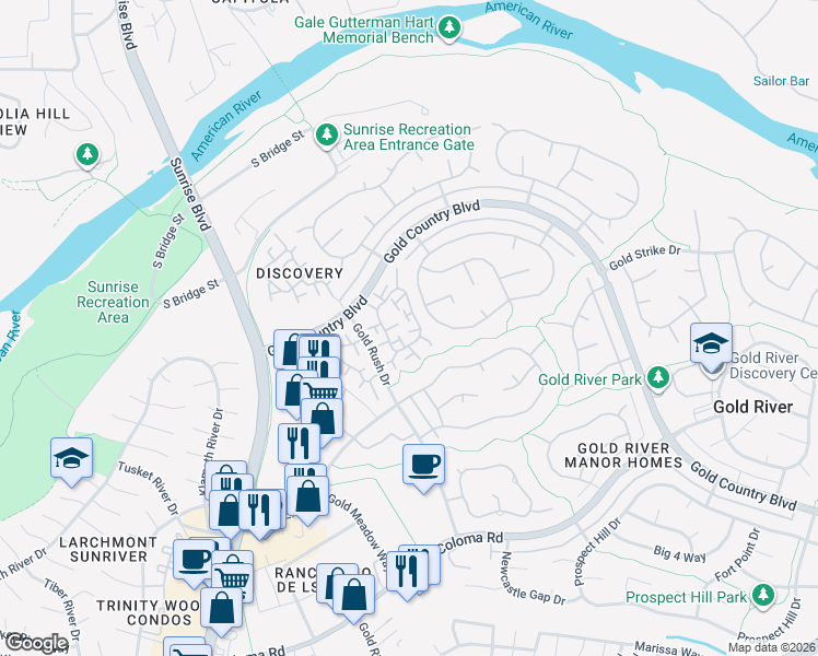 map of restaurants, bars, coffee shops, grocery stores, and more near 2070 Promontory Point Lane in Gold River