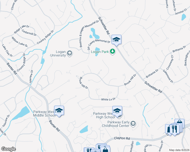 map of restaurants, bars, coffee shops, grocery stores, and more near 2122 Brook Hill Ridge Drive in Chesterfield