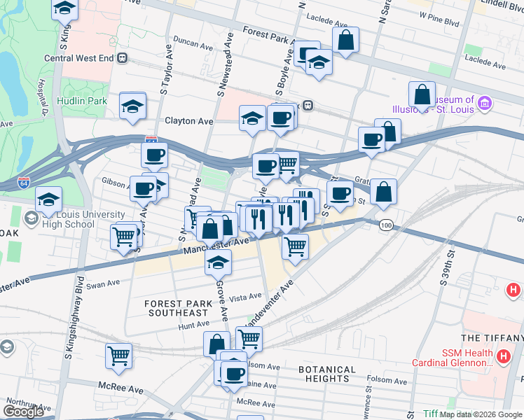 map of restaurants, bars, coffee shops, grocery stores, and more near 4244 Chouteau Avenue in St. Louis
