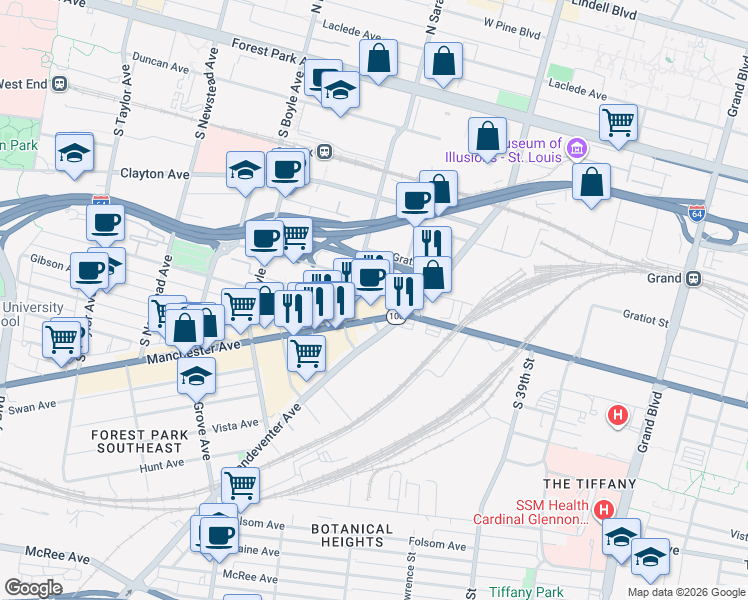 map of restaurants, bars, coffee shops, grocery stores, and more near 4030 Chouteau Avenue in St. Louis