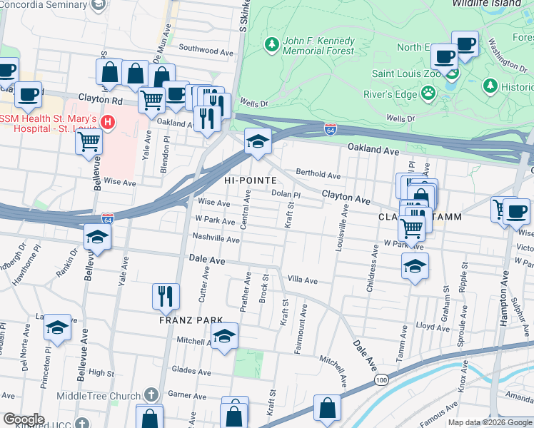map of restaurants, bars, coffee shops, grocery stores, and more near 6718 West Park Avenue in St. Louis