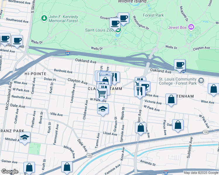 map of restaurants, bars, coffee shops, grocery stores, and more near in St. Louis