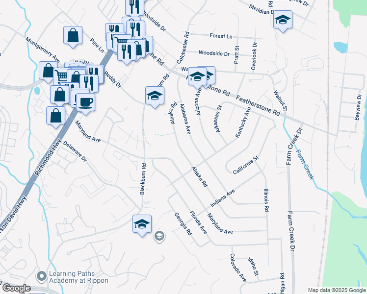 map of restaurants, bars, coffee shops, grocery stores, and more near 14985 Alaska Road in Woodbridge