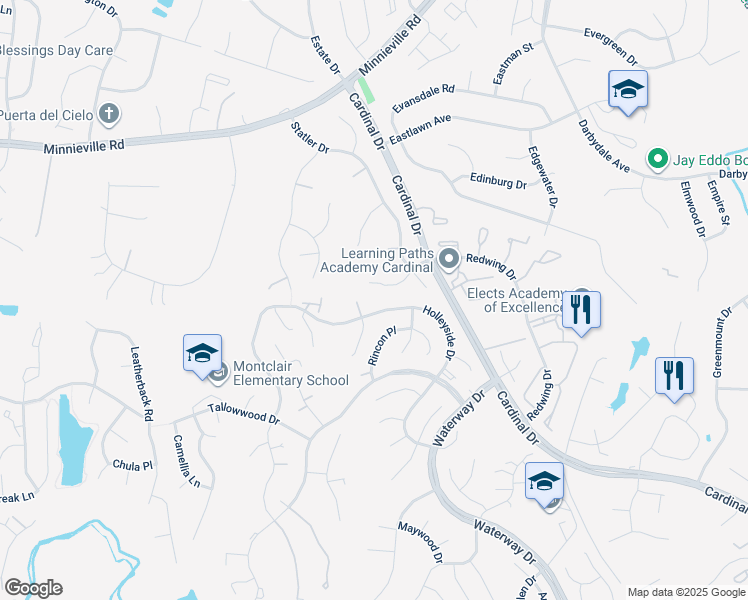map of restaurants, bars, coffee shops, grocery stores, and more near 15137 Holleyside Drive in Montclair