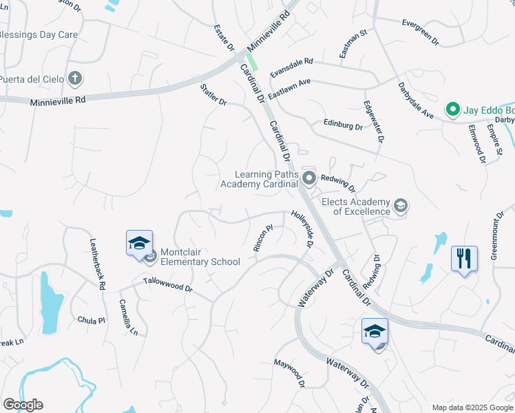 map of restaurants, bars, coffee shops, grocery stores, and more near 15137 Holleyside Drive in Montclair