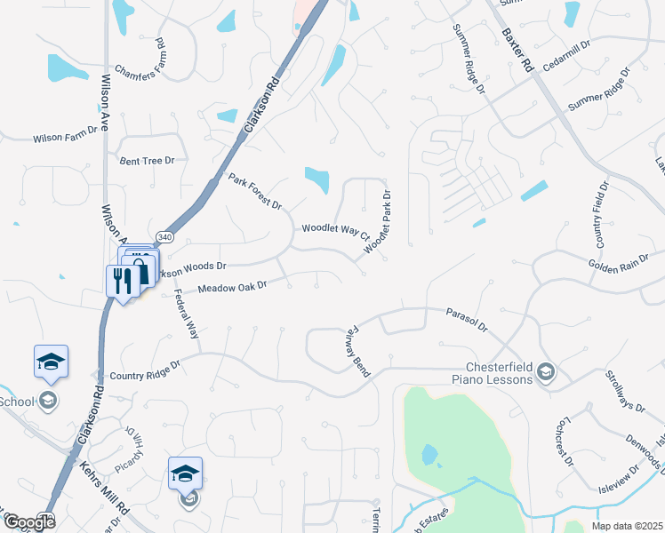 map of restaurants, bars, coffee shops, grocery stores, and more near 15969 Woodlet Park Court in Chesterfield