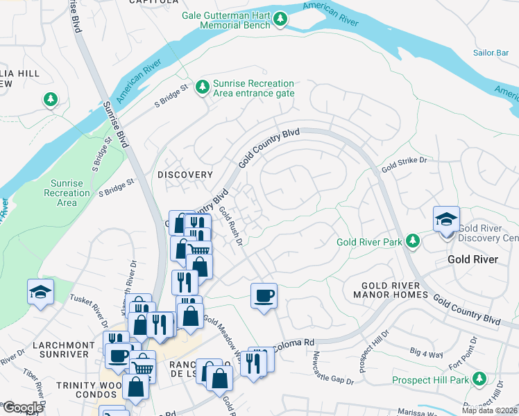 map of restaurants, bars, coffee shops, grocery stores, and more near 11567 Sutters Mill Circle in Gold River