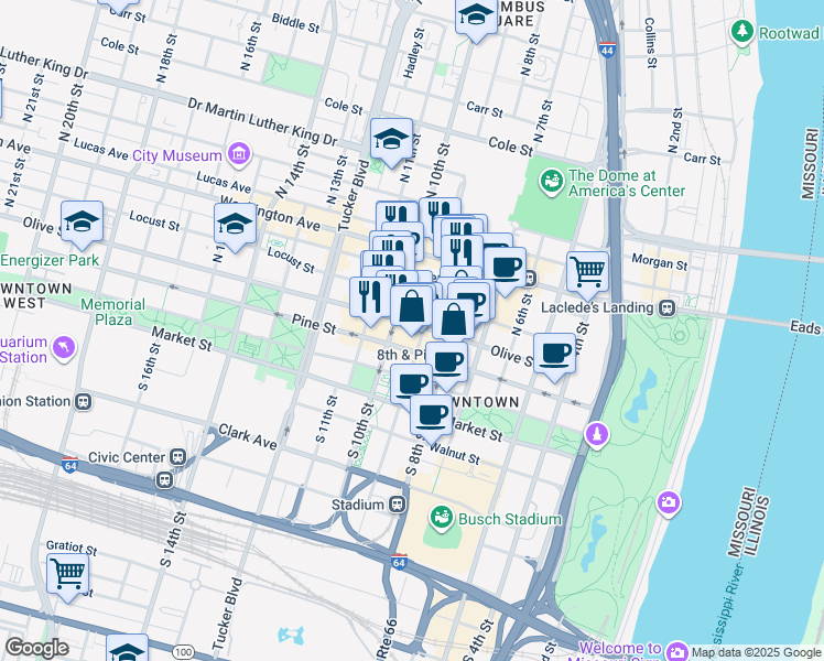 map of restaurants, bars, coffee shops, grocery stores, and more near 905-913 Olive Street in St. Louis