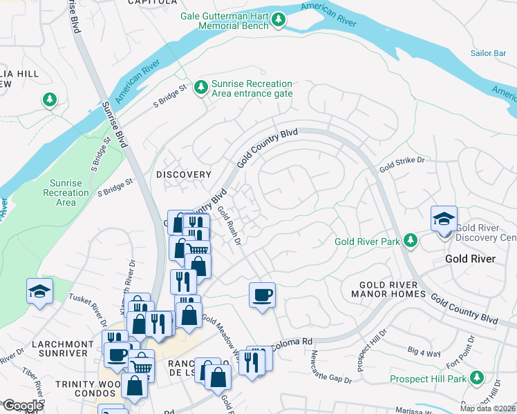 map of restaurants, bars, coffee shops, grocery stores, and more near 11567 Sutters Mill Circle in Gold River