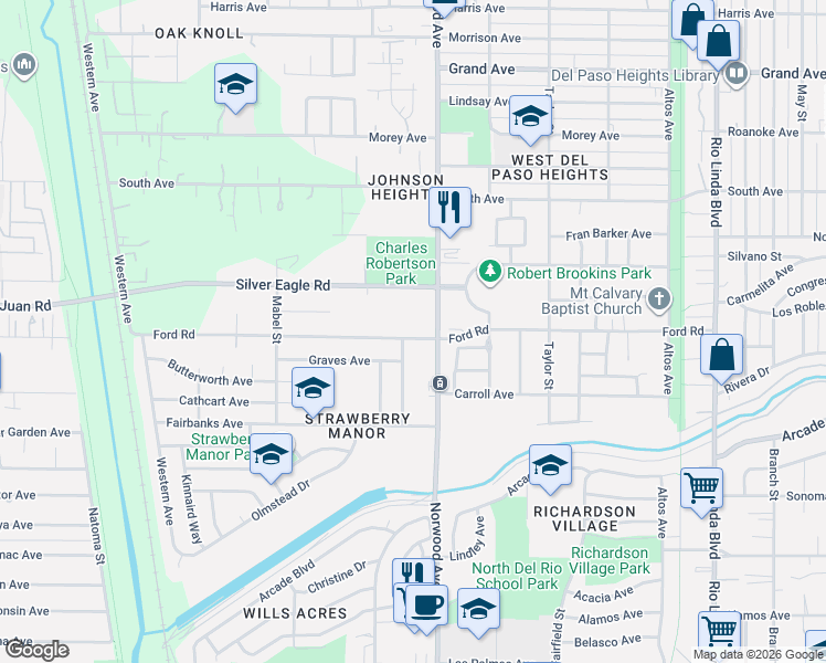map of restaurants, bars, coffee shops, grocery stores, and more near 366 Silver Eagle Road in Sacramento