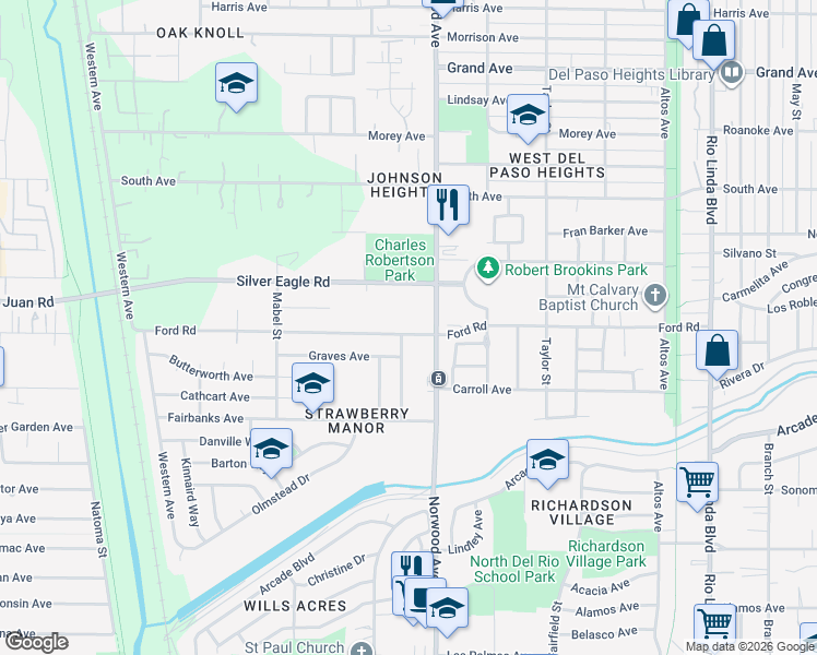 map of restaurants, bars, coffee shops, grocery stores, and more near 366 Silver Eagle Road in Sacramento