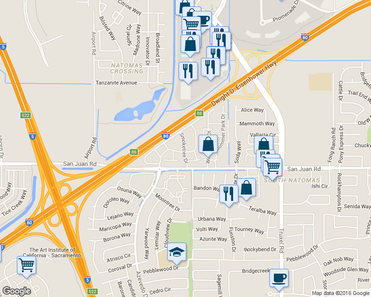 map of restaurants, bars, coffee shops, grocery stores, and more near 3384 Smoketree Drive in Sacramento