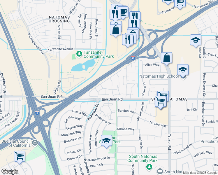 map of restaurants, bars, coffee shops, grocery stores, and more near 3395 Smoketree Drive in Sacramento
