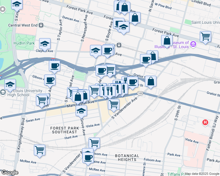 map of restaurants, bars, coffee shops, grocery stores, and more near 4146 Papin Street in St. Louis