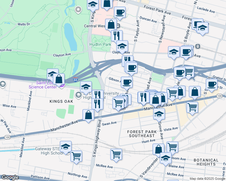 map of restaurants, bars, coffee shops, grocery stores, and more near 4532 Gibson Avenue in St. Louis