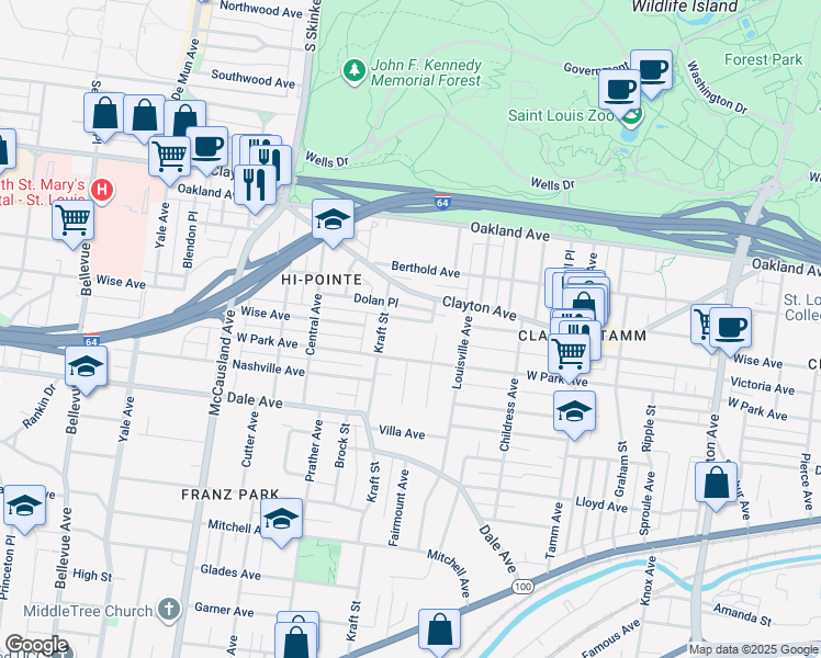 map of restaurants, bars, coffee shops, grocery stores, and more near 6633 Dolan Place in St. Louis