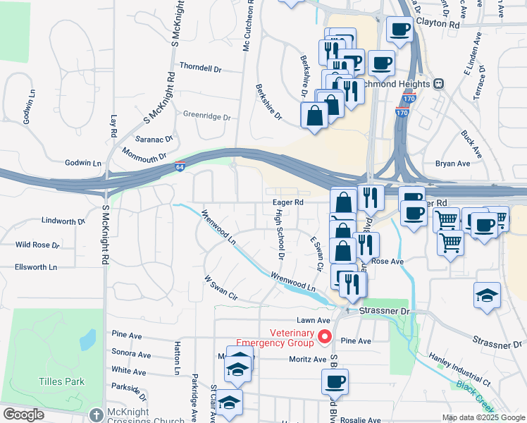map of restaurants, bars, coffee shops, grocery stores, and more near 8915 Eager Road in St. Louis