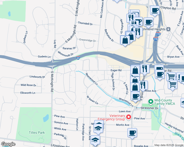 map of restaurants, bars, coffee shops, grocery stores, and more near 2 Chafford Woods in St. Louis