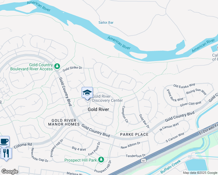 map of restaurants, bars, coffee shops, grocery stores, and more near 11626 Melones Circle in Gold River