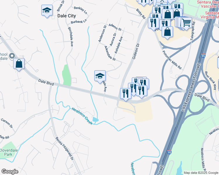 map of restaurants, bars, coffee shops, grocery stores, and more near 3002 Arbor Court in Woodbridge