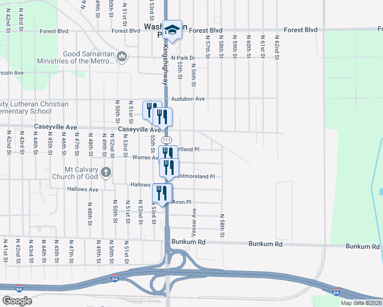 map of restaurants, bars, coffee shops, grocery stores, and more near 1512 Purdue Avenue in East St. Louis