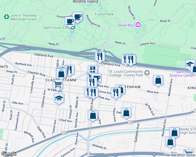 map of restaurants, bars, coffee shops, grocery stores, and more near 5930 Berthold Avenue in St. Louis