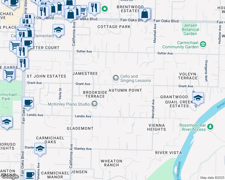 map of restaurants, bars, coffee shops, grocery stores, and more near 6430 Grant Avenue in Carmichael