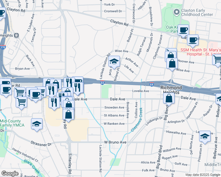 map of restaurants, bars, coffee shops, grocery stores, and more near 1291 Arch Terrace in Richmond Heights