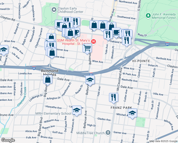 map of restaurants, bars, coffee shops, grocery stores, and more near 1224 Bellevue Avenue in Richmond Heights