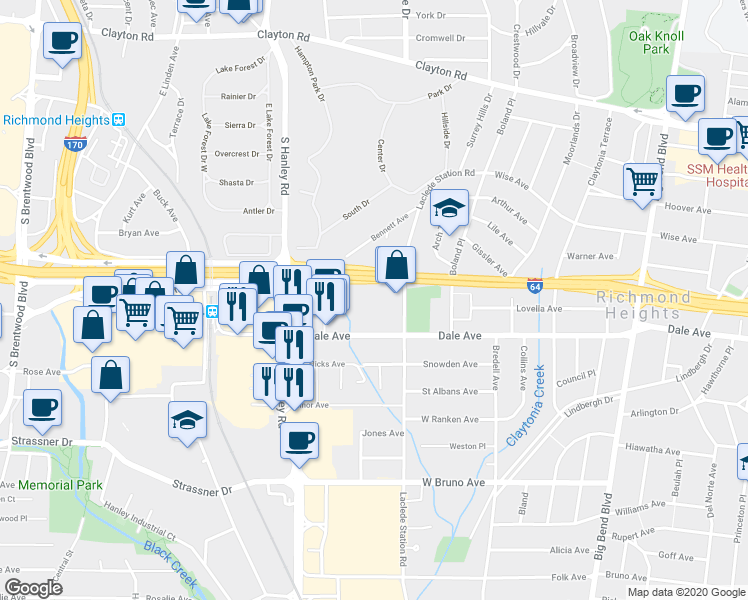 map of restaurants, bars, coffee shops, grocery stores, and more near 8001 Dale Avenue in Richmond Heights