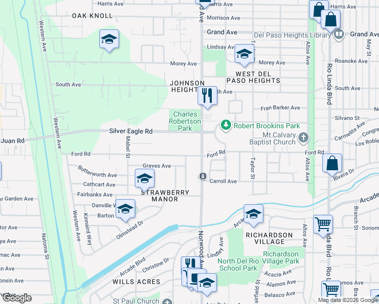map of restaurants, bars, coffee shops, grocery stores, and more near 366 Silver Eagle Road in Sacramento