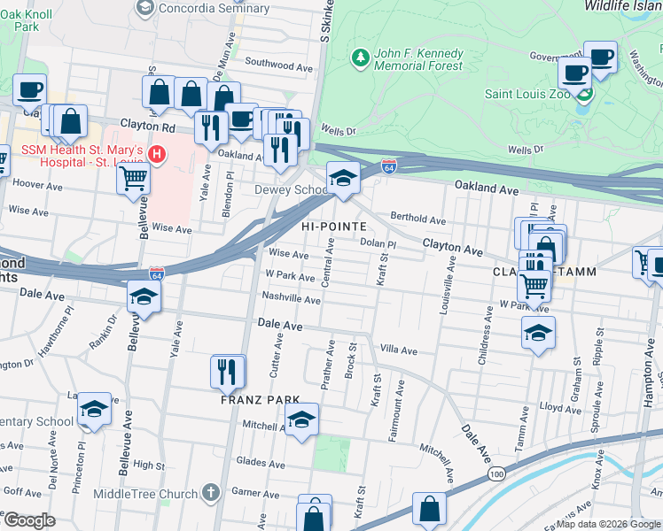 map of restaurants, bars, coffee shops, grocery stores, and more near 6770 Dolan Place in St. Louis
