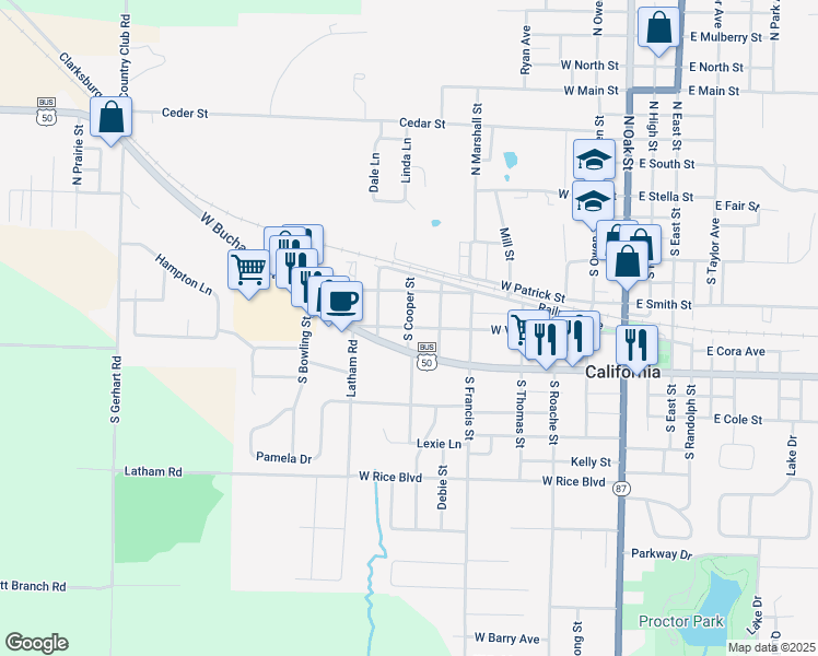 map of restaurants, bars, coffee shops, grocery stores, and more near 499 South Cooper Street in California