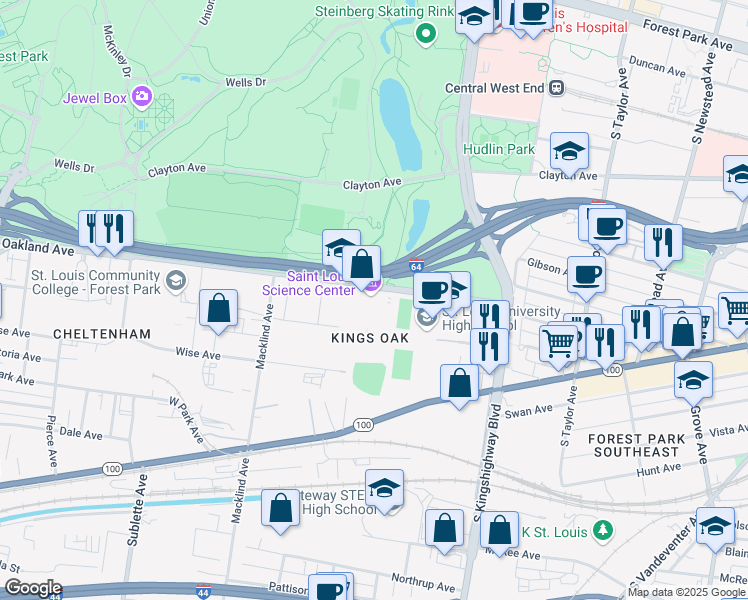 map of restaurants, bars, coffee shops, grocery stores, and more near 5050 Oakland Avenue in Saint Louis