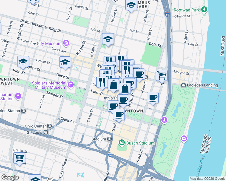map of restaurants, bars, coffee shops, grocery stores, and more near 910 Olive Street in St. Louis