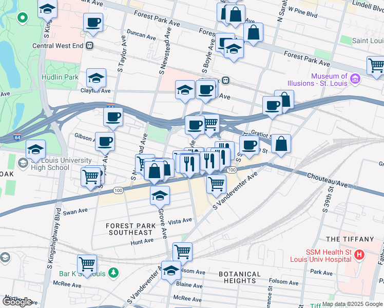 map of restaurants, bars, coffee shops, grocery stores, and more near 918 South Boyle Avenue in St. Louis