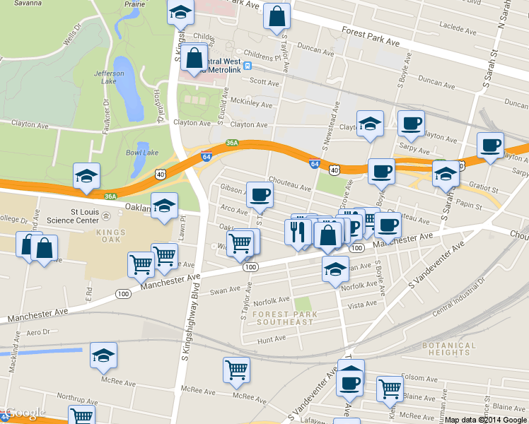 map of restaurants, bars, coffee shops, grocery stores, and more near 1037 South Taylor Avenue in St. Louis