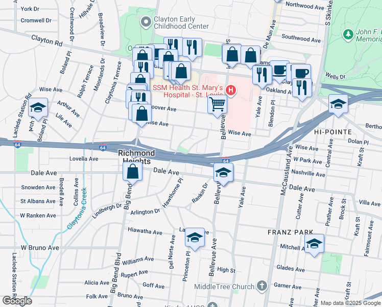 map of restaurants, bars, coffee shops, grocery stores, and more near 1241 Hawthorne Place in Richmond Heights