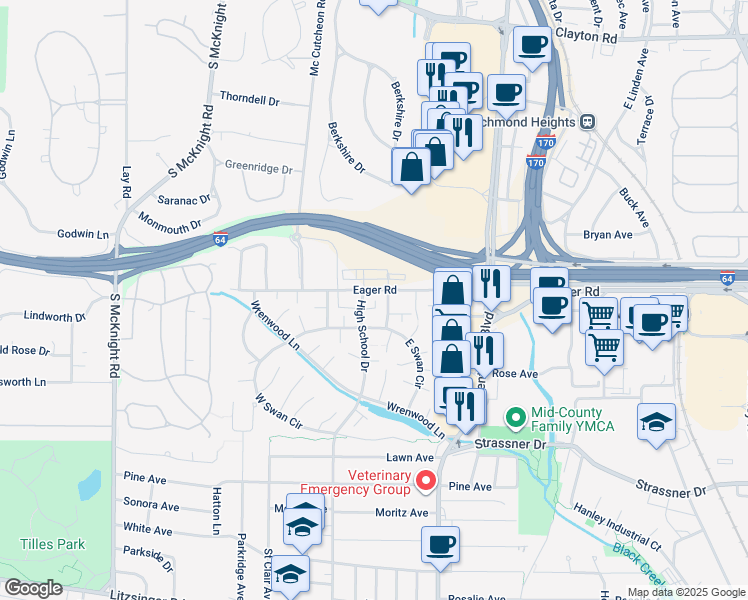 map of restaurants, bars, coffee shops, grocery stores, and more near 8906 Eager Road in St. Louis