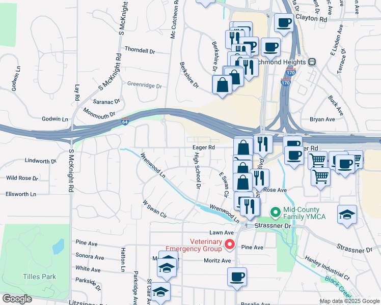 map of restaurants, bars, coffee shops, grocery stores, and more near 8915 Eager Road in St. Louis
