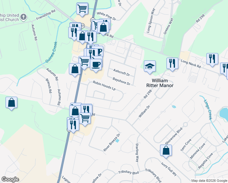 map of restaurants, bars, coffee shops, grocery stores, and more near 32222 Robin Hood's Loop in Millsboro