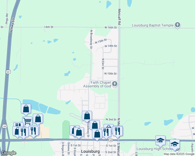 map of restaurants, bars, coffee shops, grocery stores, and more near 306 North 9th Street in Louisburg