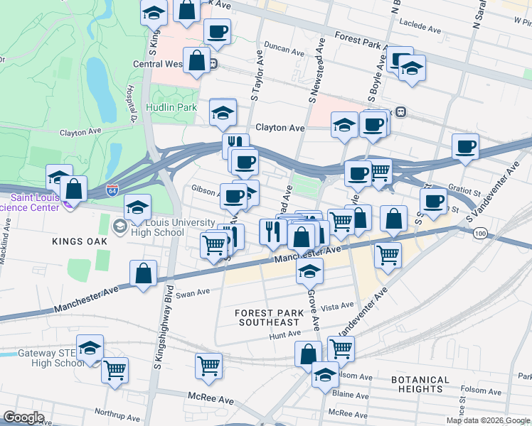 map of restaurants, bars, coffee shops, grocery stores, and more near 4437 Gibson Avenue in St. Louis