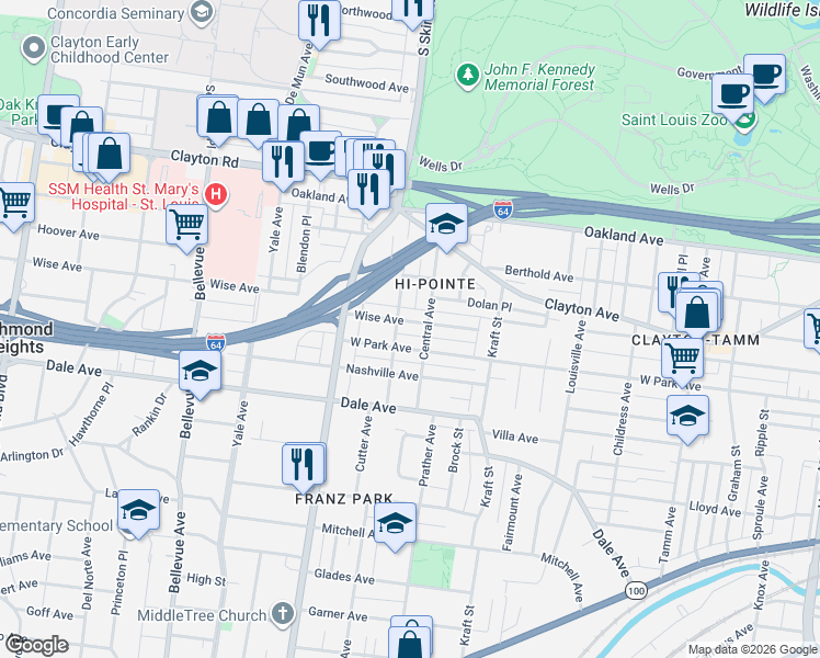 map of restaurants, bars, coffee shops, grocery stores, and more near 6829 Wise Avenue in St. Louis
