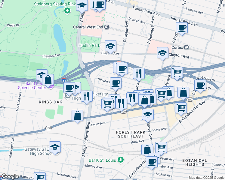 map of restaurants, bars, coffee shops, grocery stores, and more near 4511 Arco Avenue in St. Louis