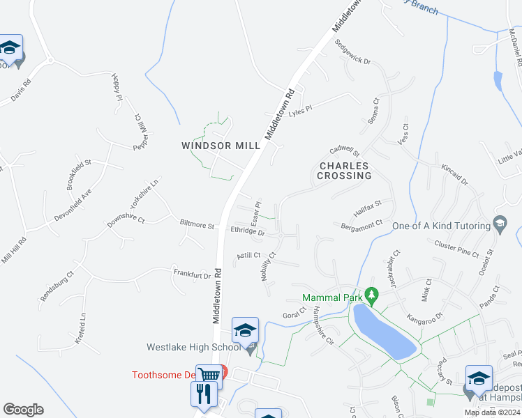 map of restaurants, bars, coffee shops, grocery stores, and more near 3070 Esser Place in Waldorf