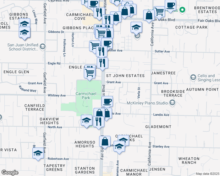 map of restaurants, bars, coffee shops, grocery stores, and more near 5900 Grant Avenue in Carmichael