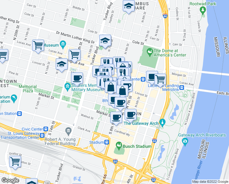 map of restaurants, bars, coffee shops, grocery stores, and more near 905-913 Olive Street in St. Louis
