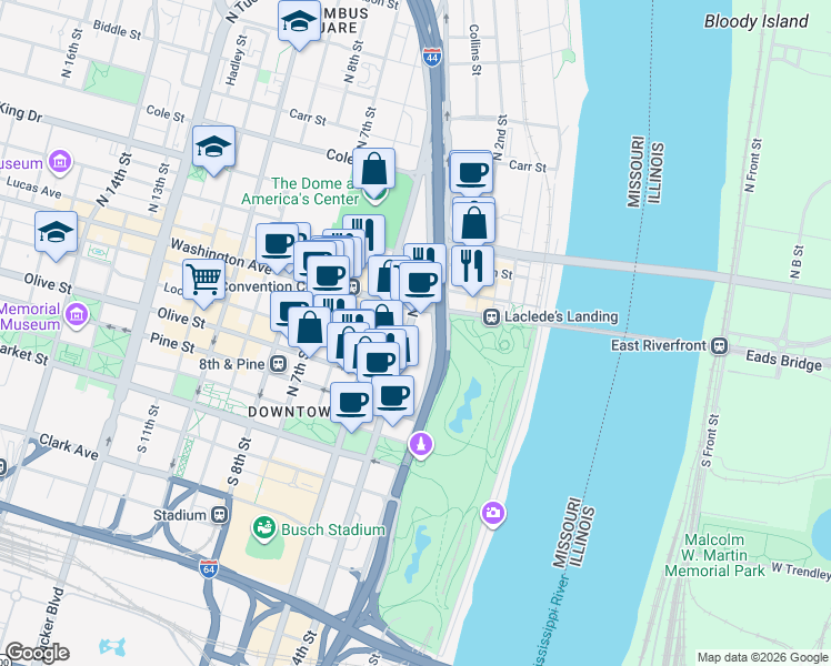 map of restaurants, bars, coffee shops, grocery stores, and more near 400 North 4th Street in St. Louis